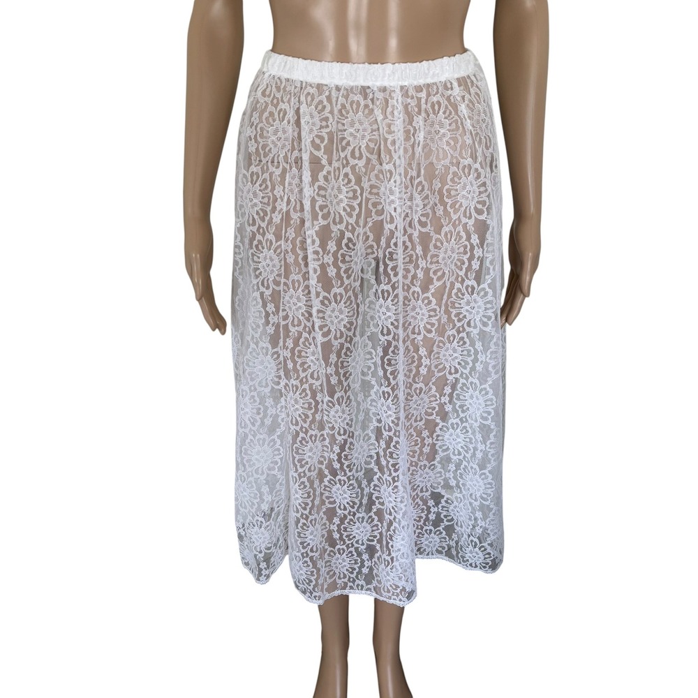 Vintage White Sheer Floral Lace Midi Skirt M Balletcore Boho Bridal Made in USA